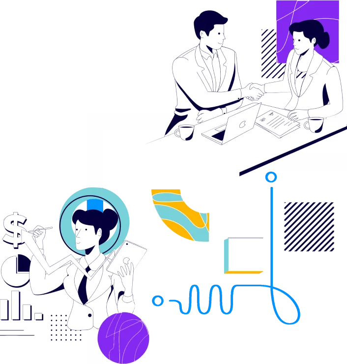 Ilustração de duas pessoas que se cumprimentam diante de um notebook e de uma analista que aponta gráficos e indicadores, cercadas por formas geométricas.